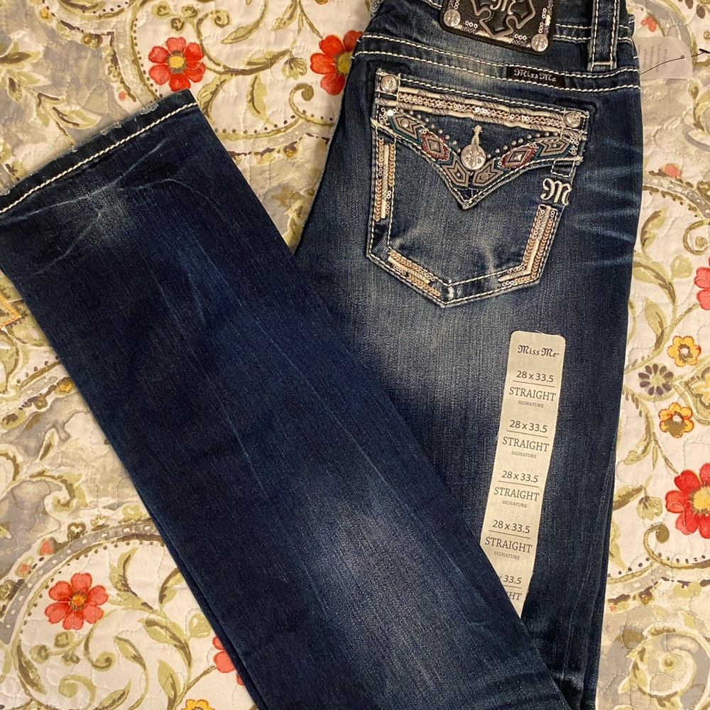 Miss Me Blue Straight Leg Jeans with Ornate Stitching